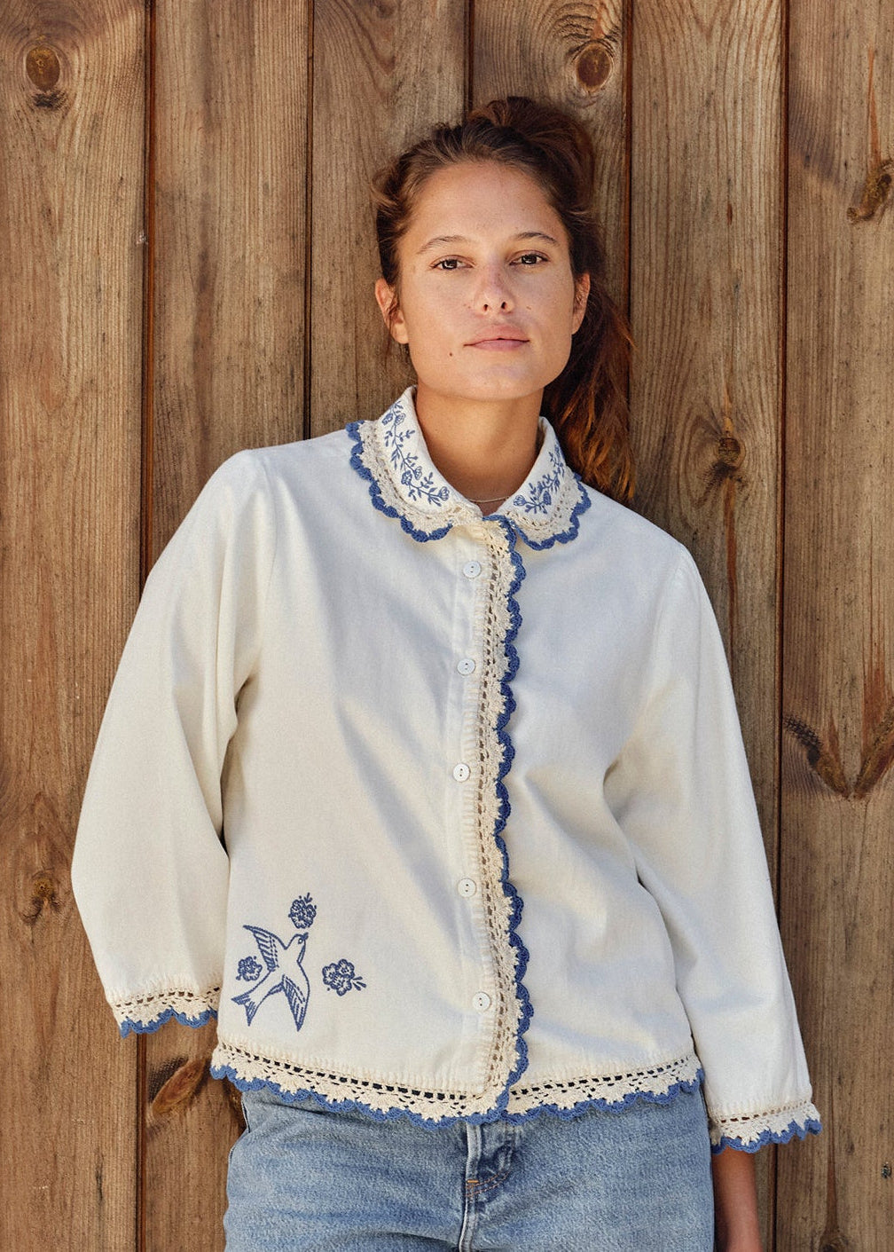 Frady Crochet Trim Top - Ivory/Blue