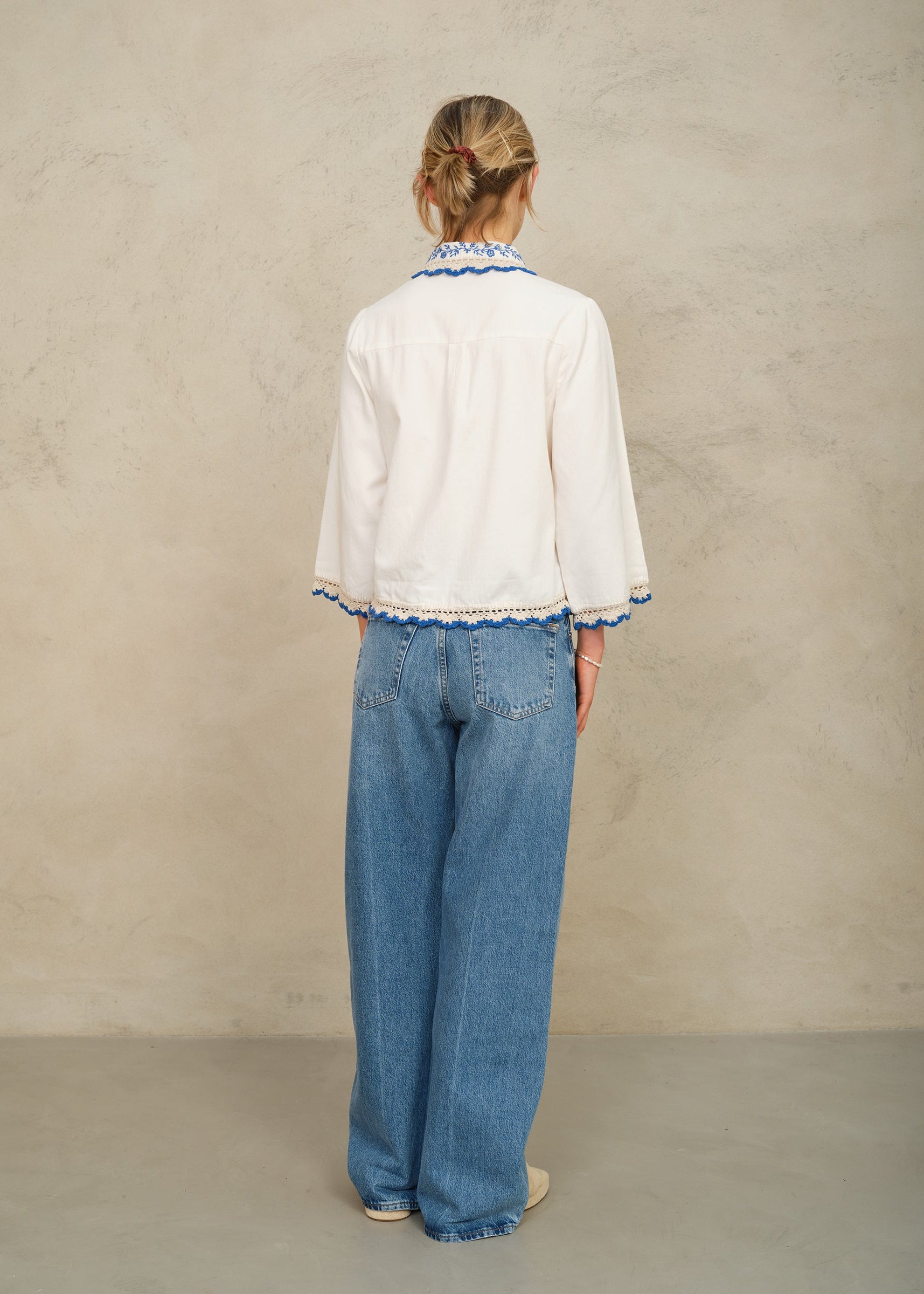 Frady Crochet Trim Top - Ivory/Blue