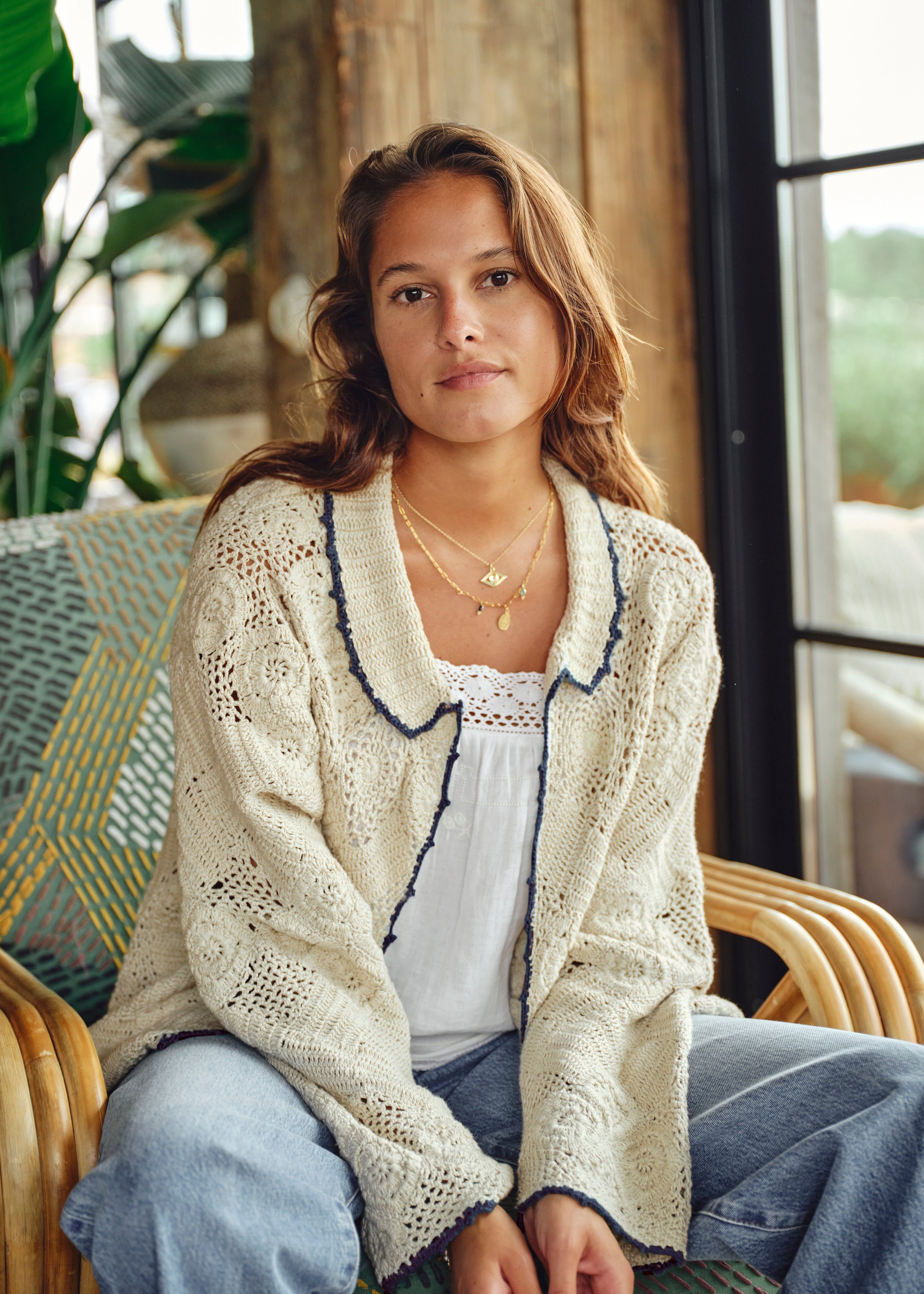 Martha Crochet Jacket - Ecru/Blue