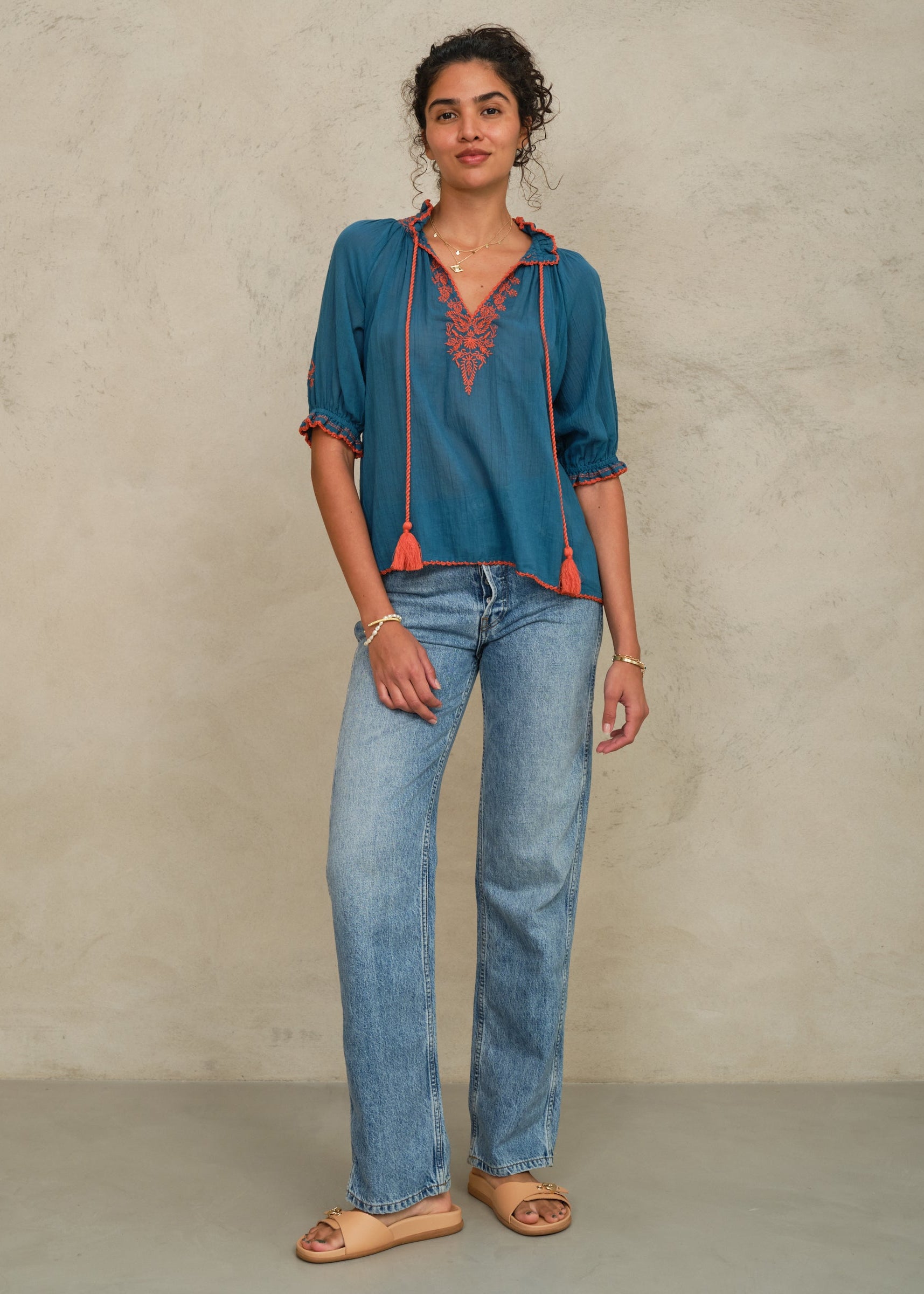 Talia Short Sleeve Top - Blue/Orange