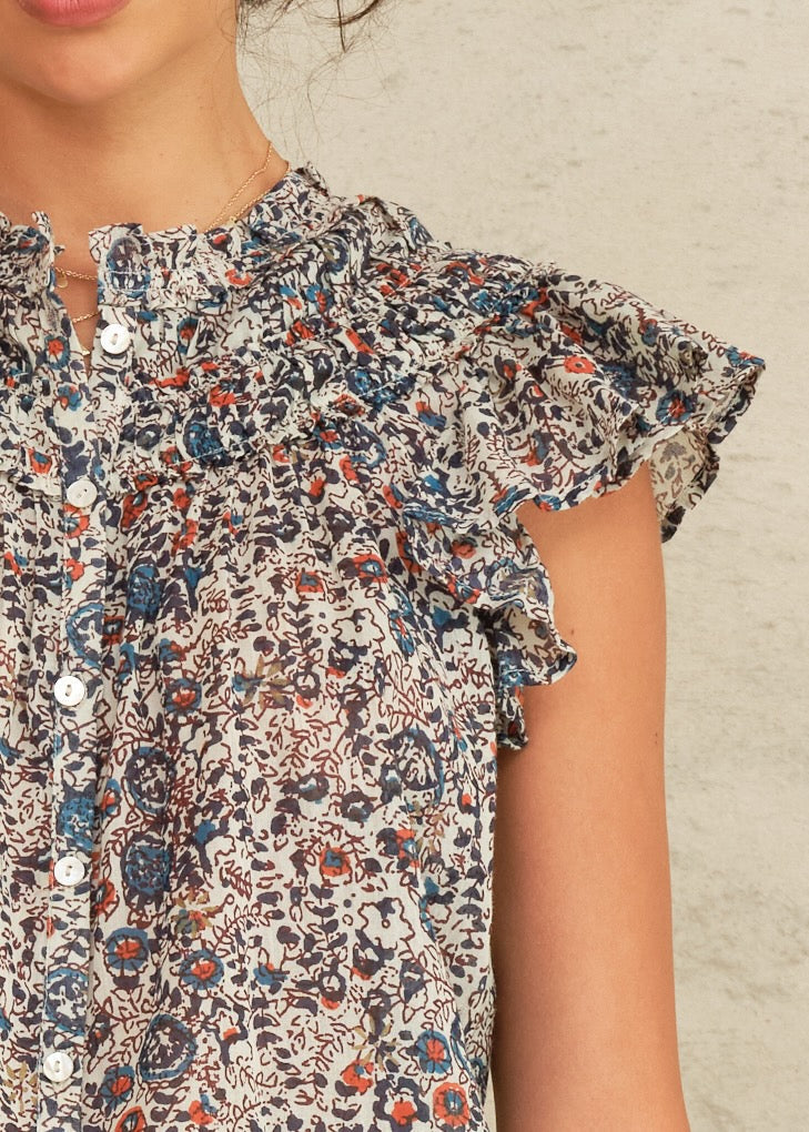 Cass Frill Top - Indigo/Rust