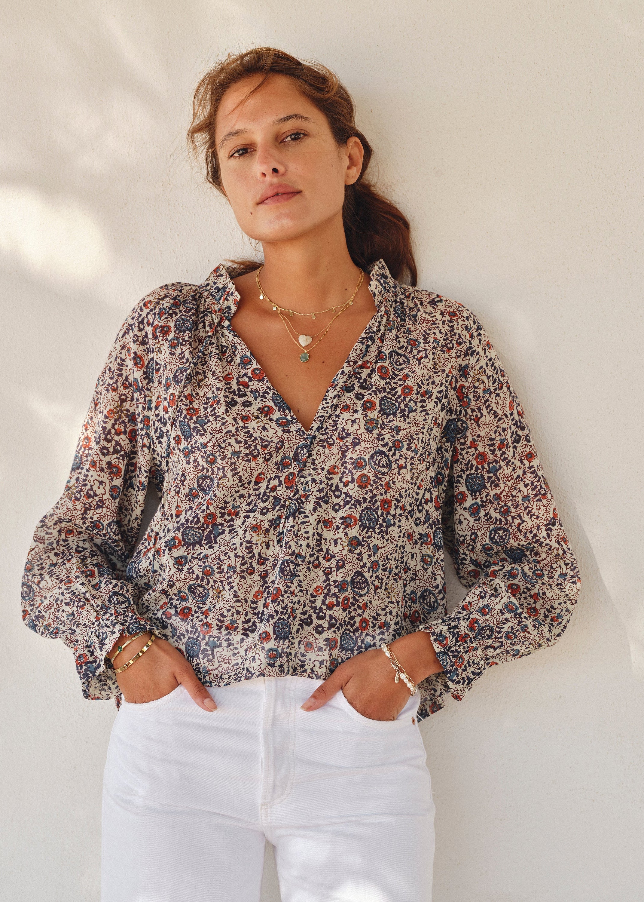 Cass Long Sleeve Top - Indigo/Rust