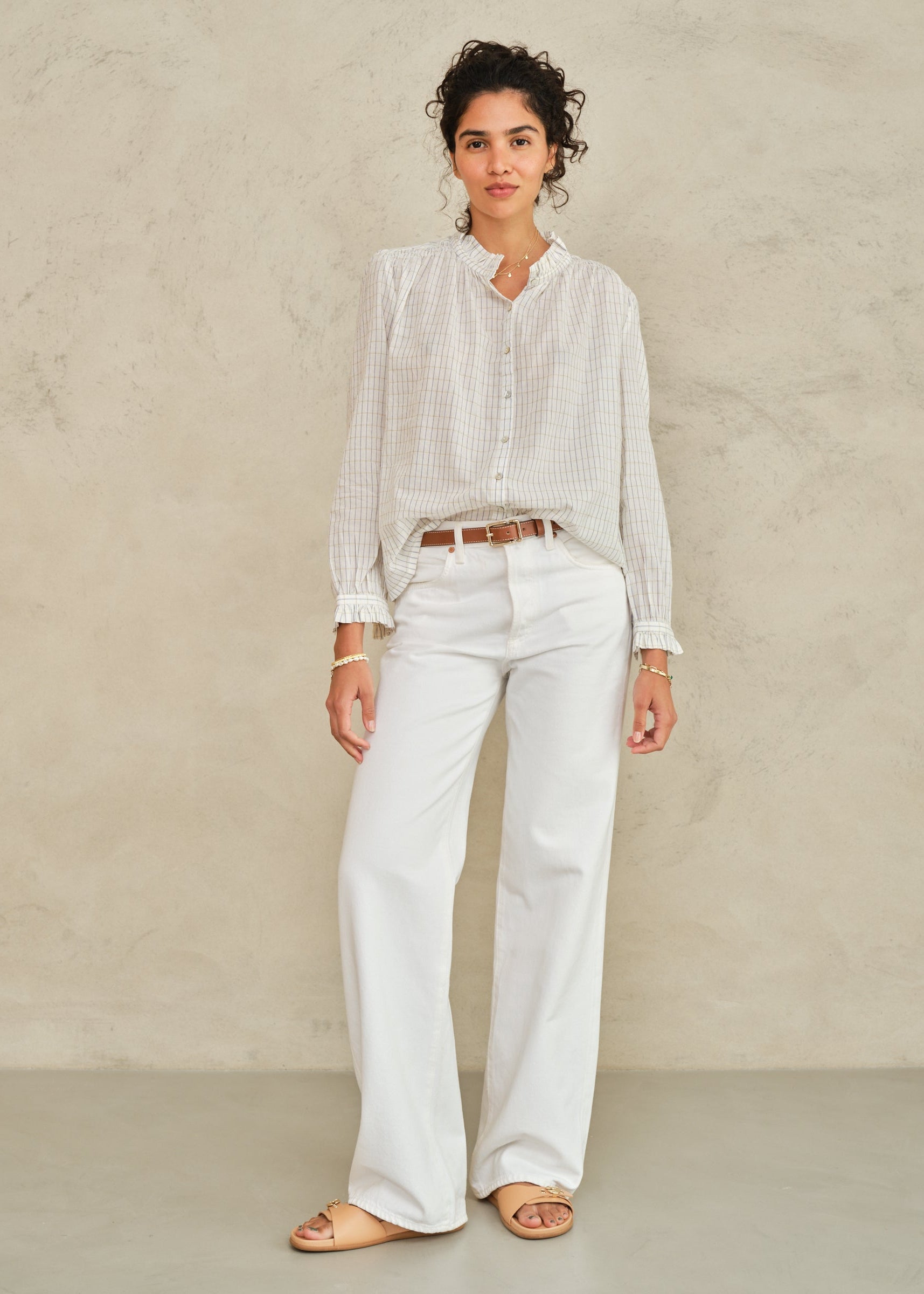 Chrissie Long Sleeve Top -Ecru/Check