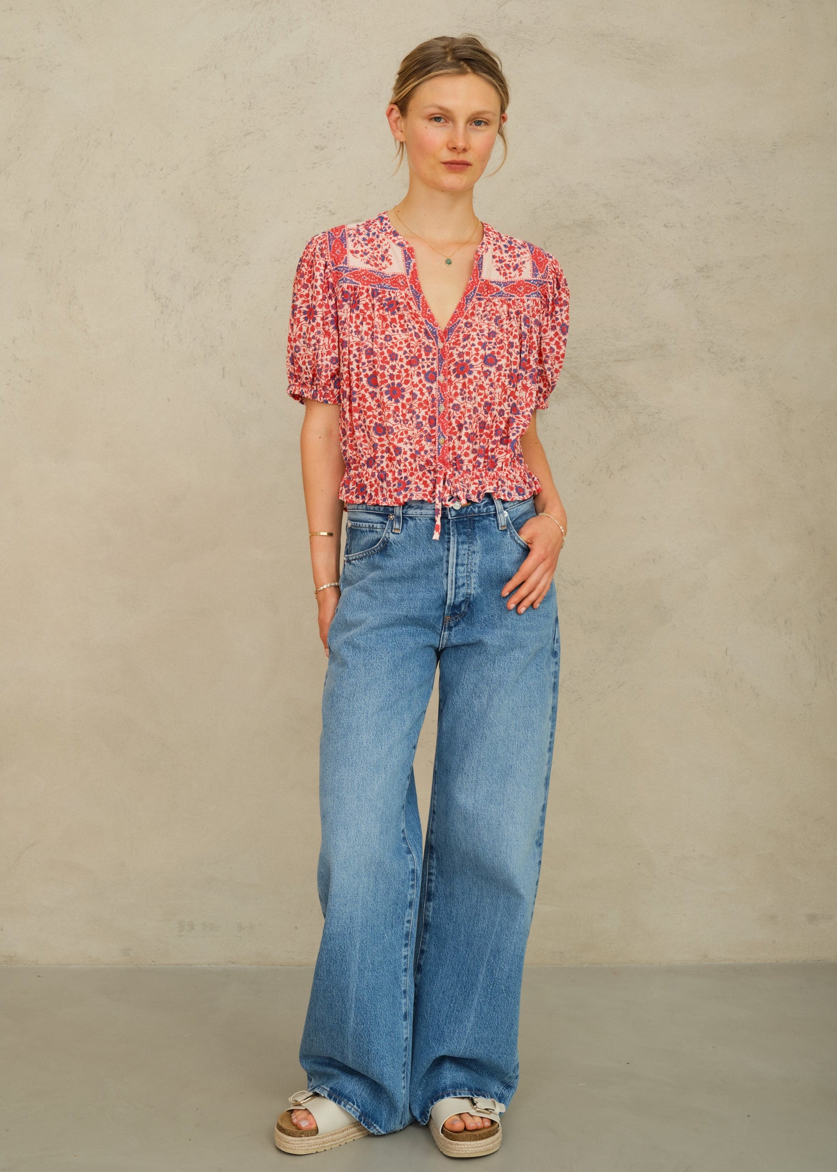 Della Short Sleeve Top - Red/Navy