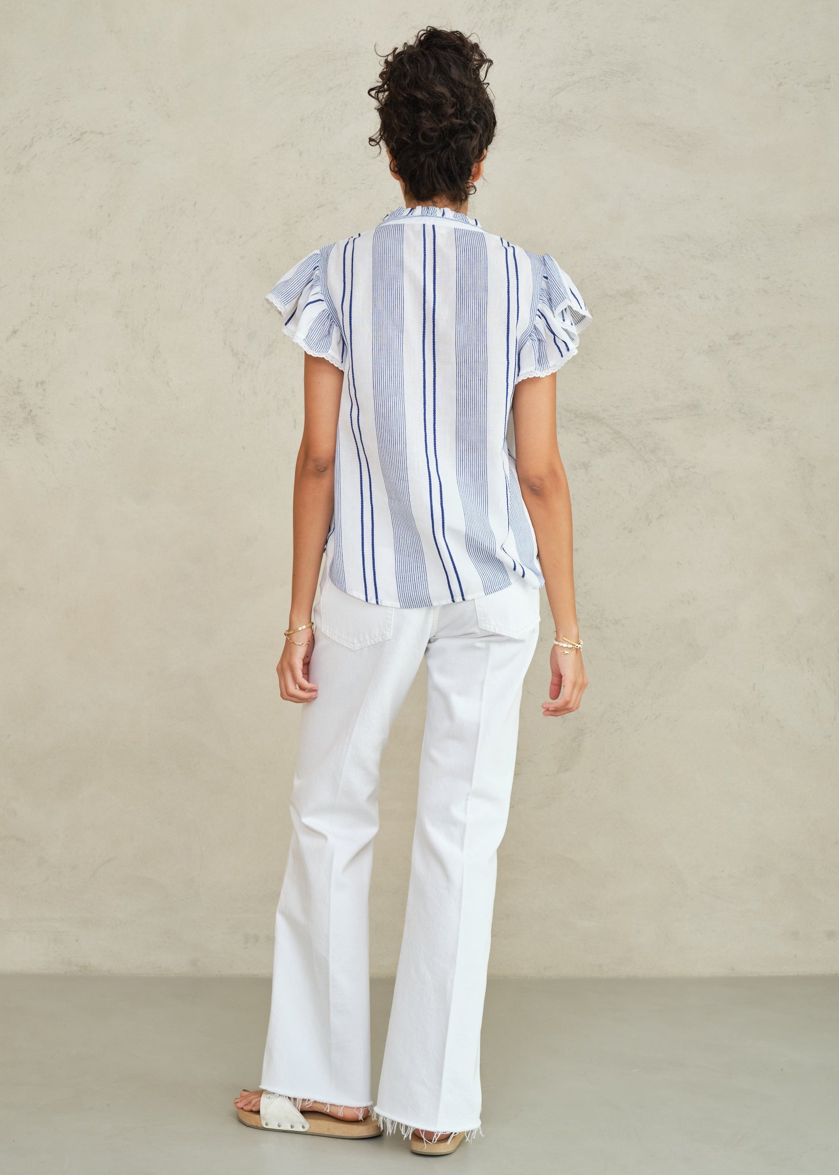 Eleni Woven Frill Top - Blue Stripe