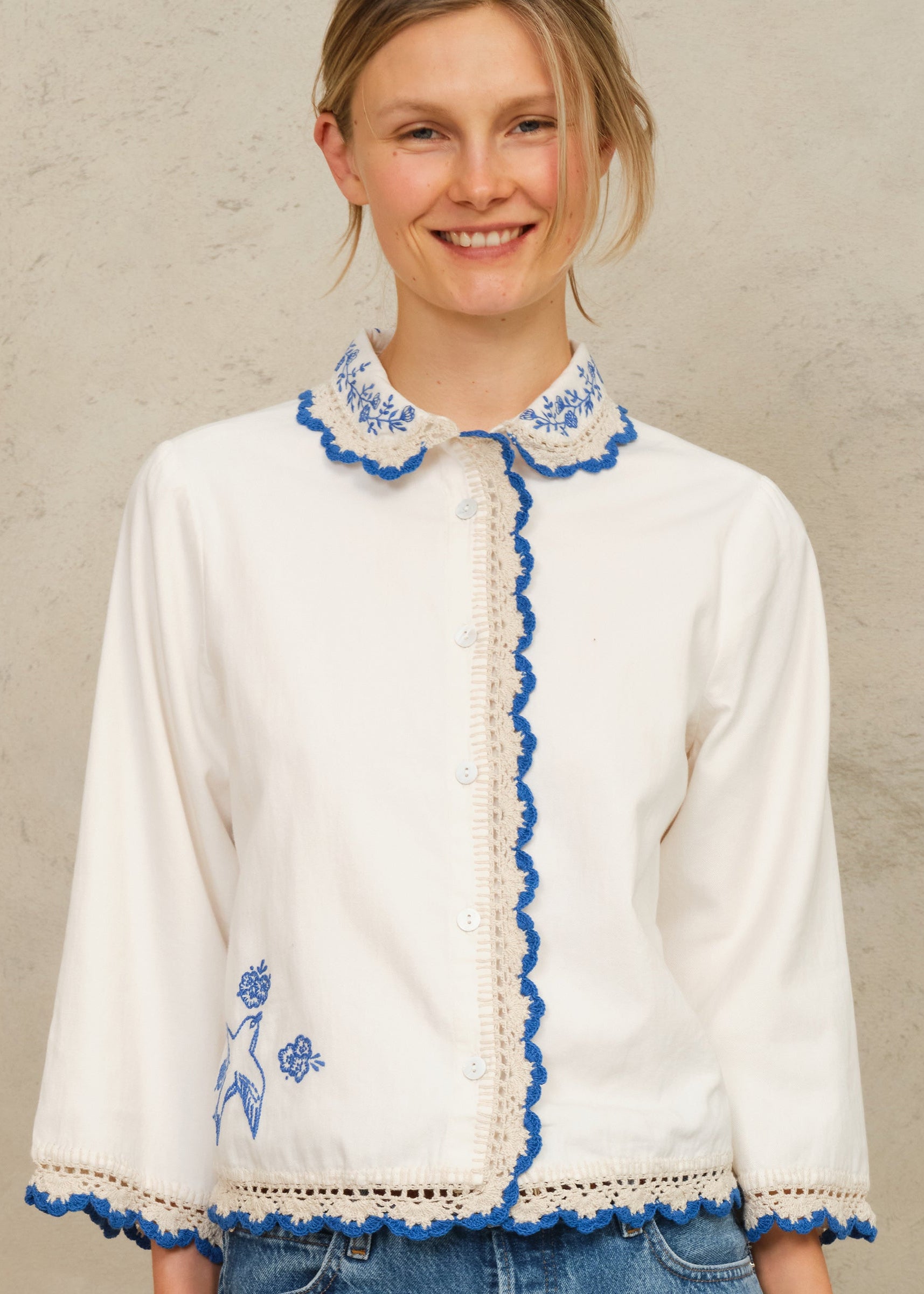 Frady Crochet Trim Top - Ivory/Blue