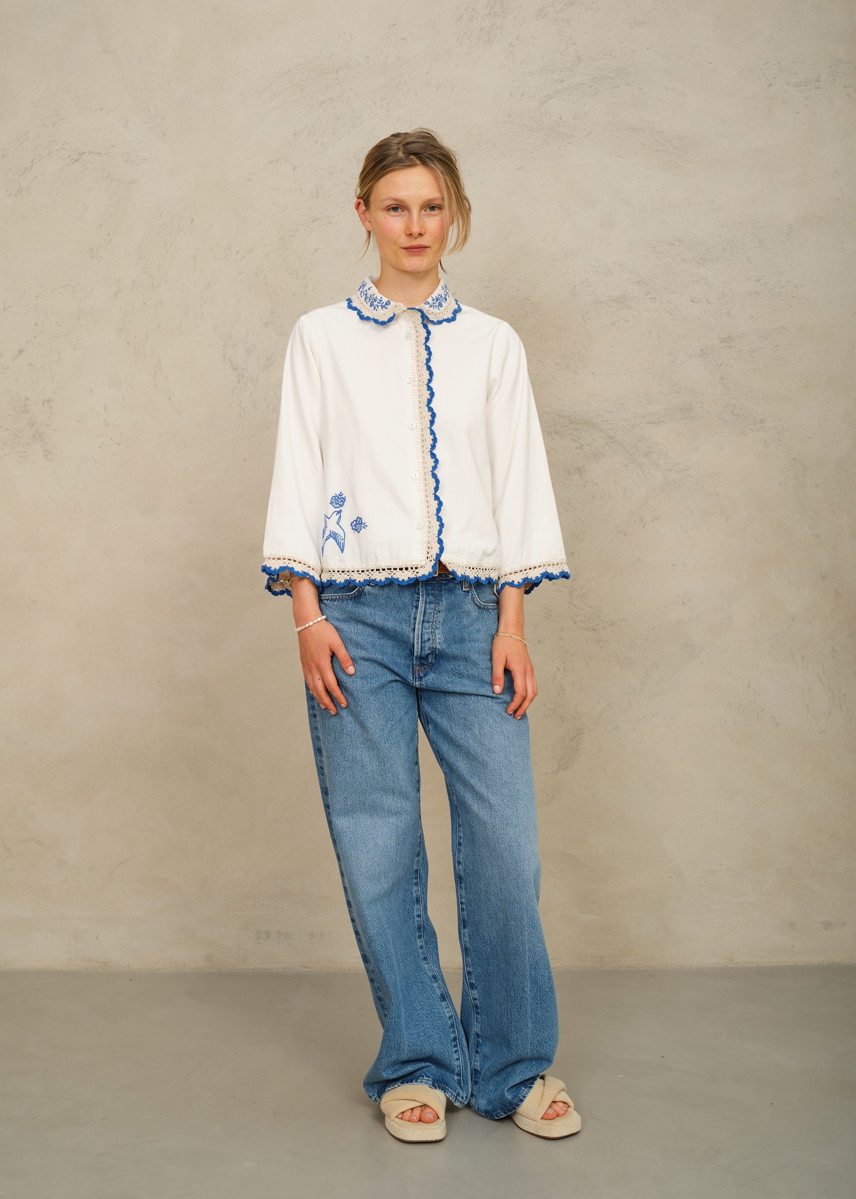 Frady Crochet Trim Top - Ivory/Blue