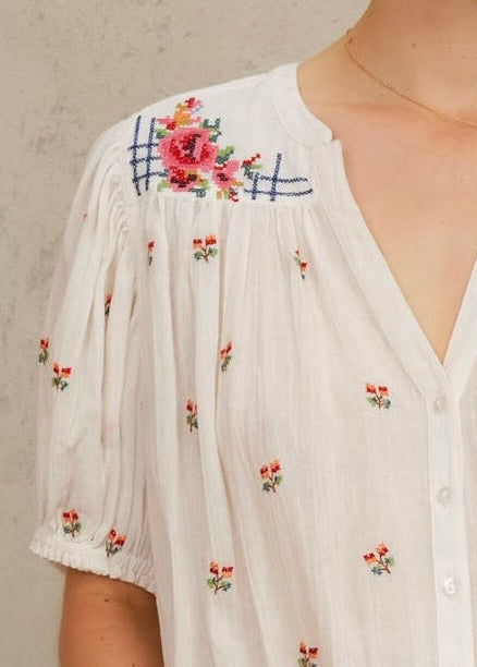 Harlie Short Sleeve Top - Ecru/Multi