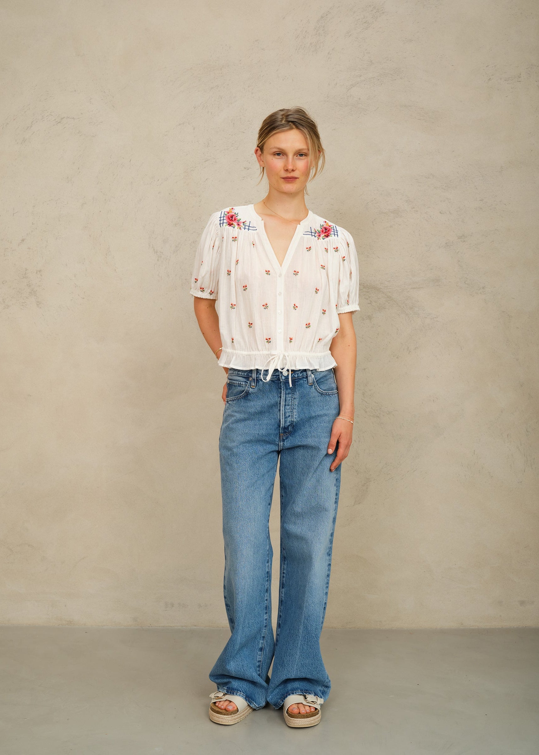 Harlie Short Sleeve Top - Ecru/Multi