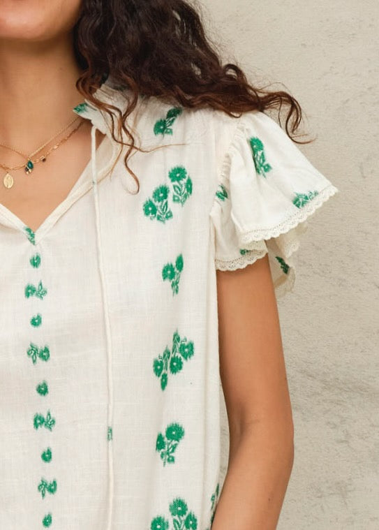 Iris Frill Short Sleeve Top - Green