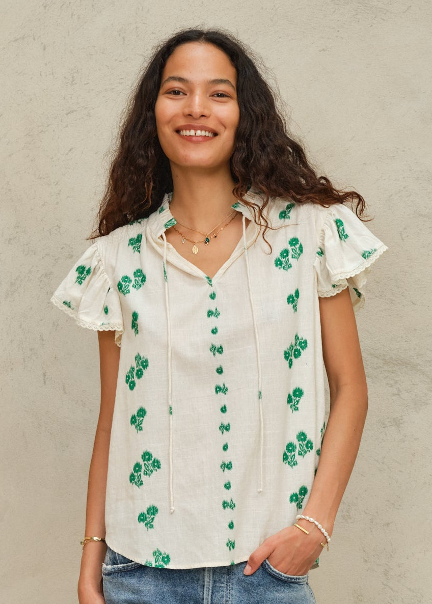 Iris Frill Short Sleeve Top - Green