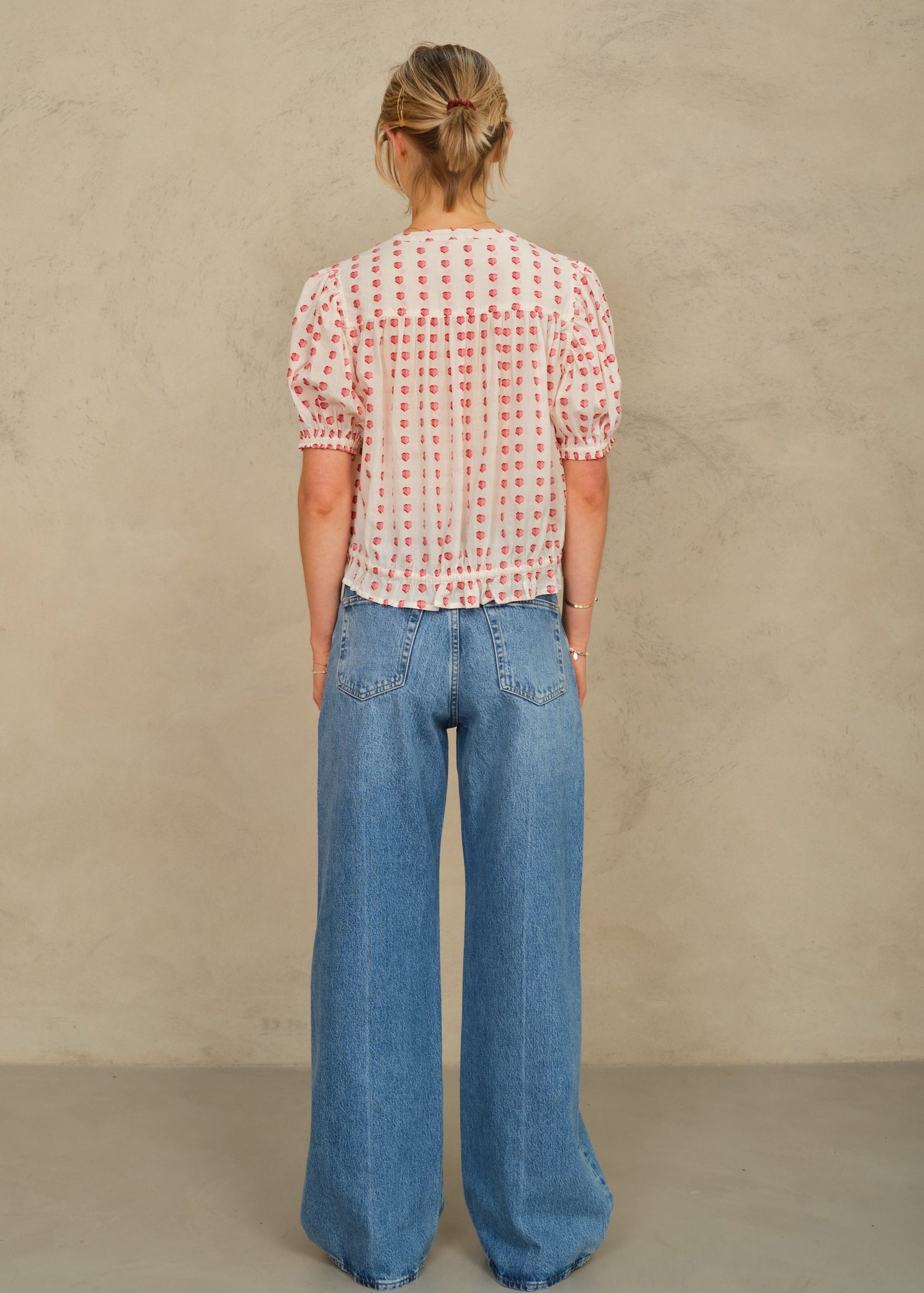 Karla Gathered Top - Ecru/Red