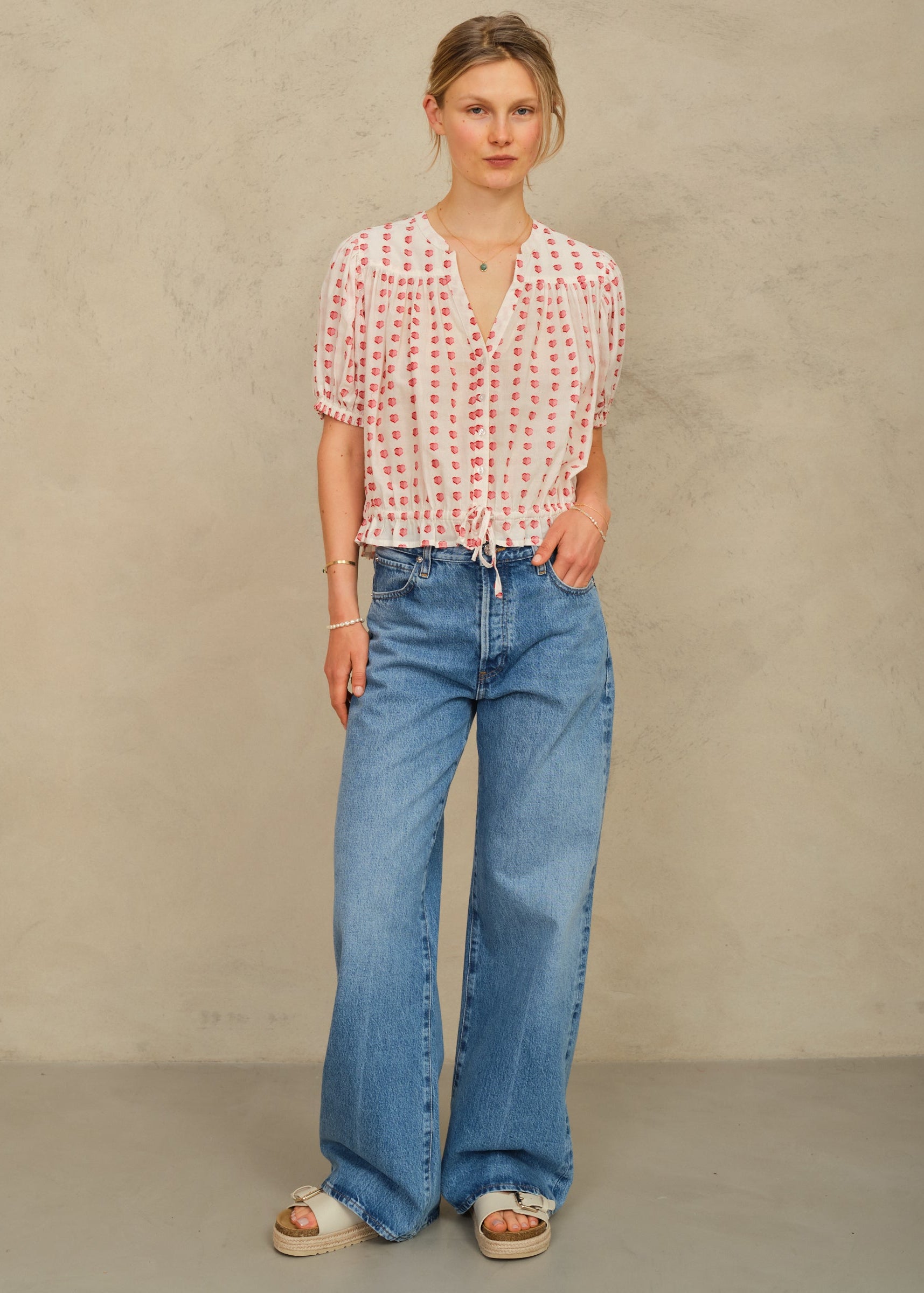 Karla Gathered Top - Ecru/Red