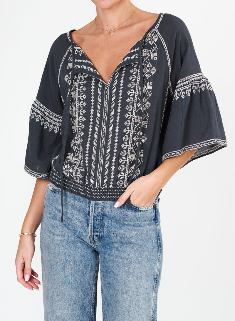 Lena Embroidered Top - Black