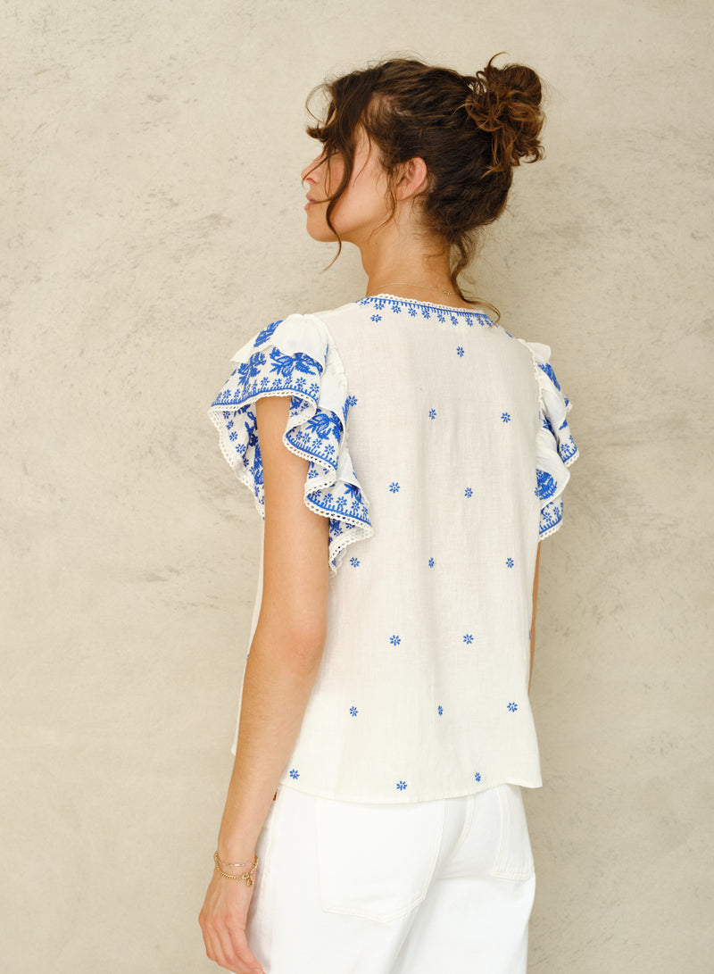 Mina Short Sleeved Top - Ivory/Blue