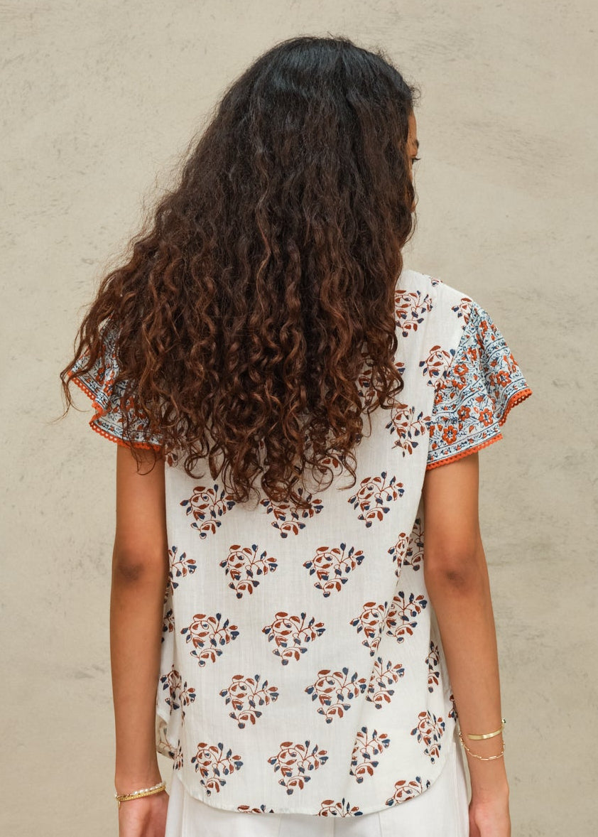 Stella Short Sleeve Top - Ecru/Rust