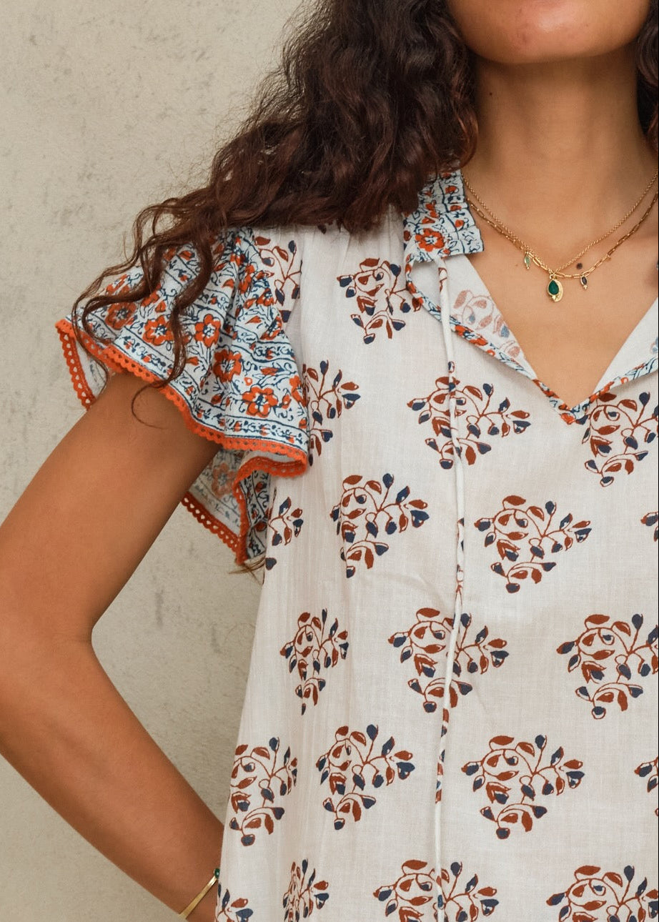 Stella Short Sleeve Top - Ecru/Rust