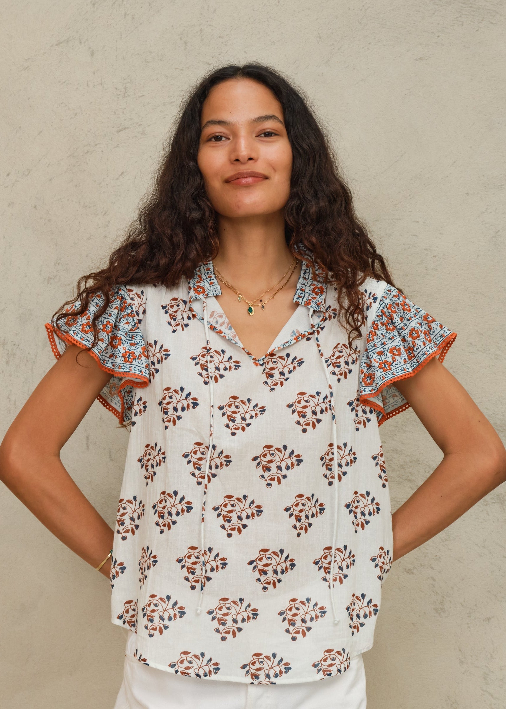 Stella Short Sleeve Top - Ecru/Rust
