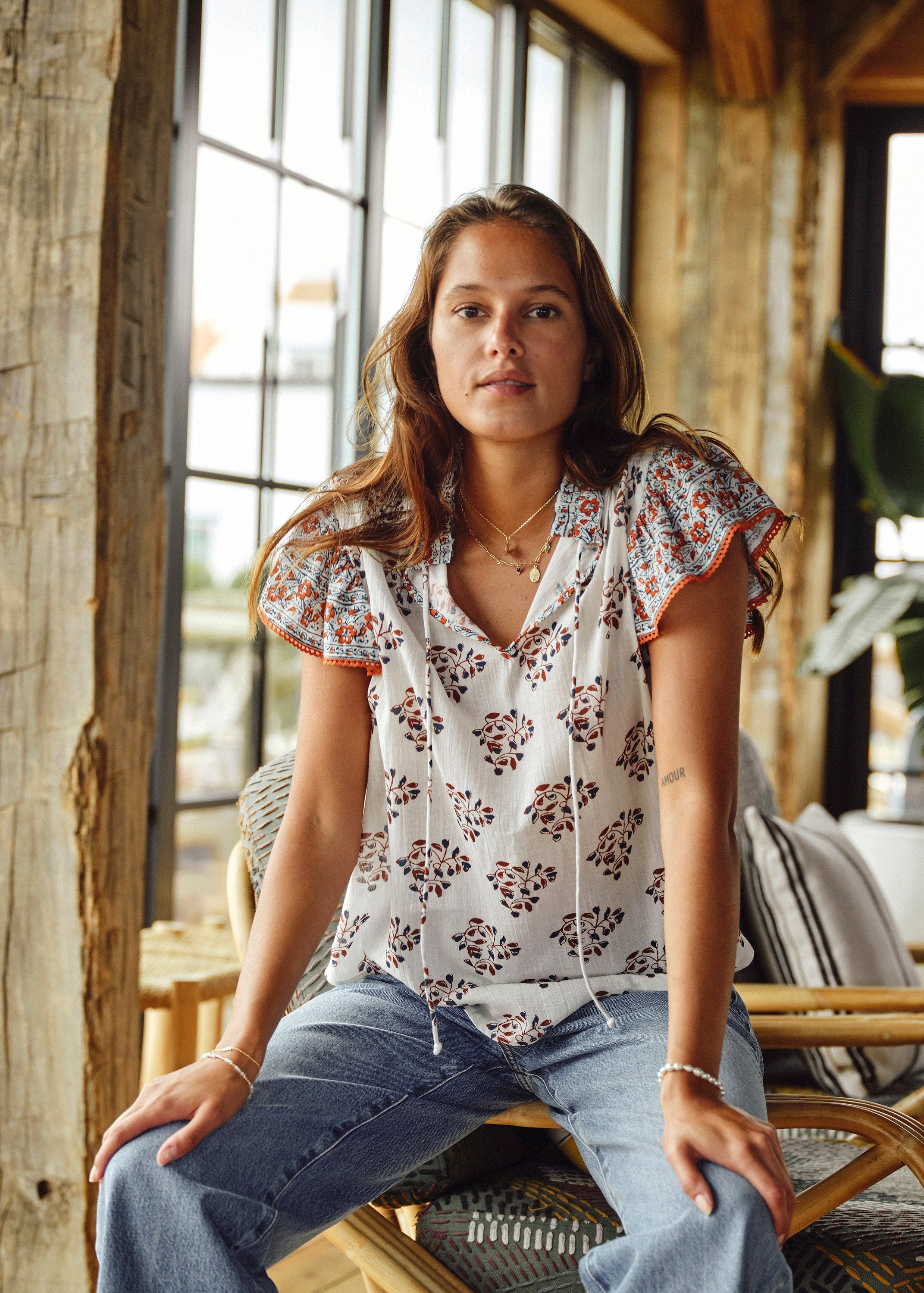 Stella Short Sleeve Top - Ecru/Rust