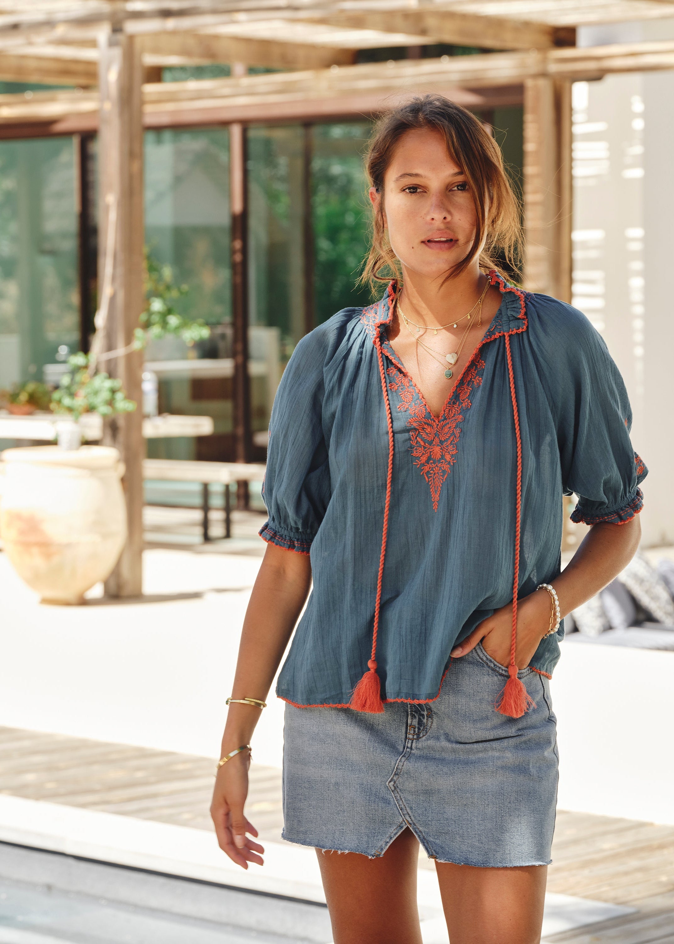 Talia Short Sleeve Top -  Blue/Orange